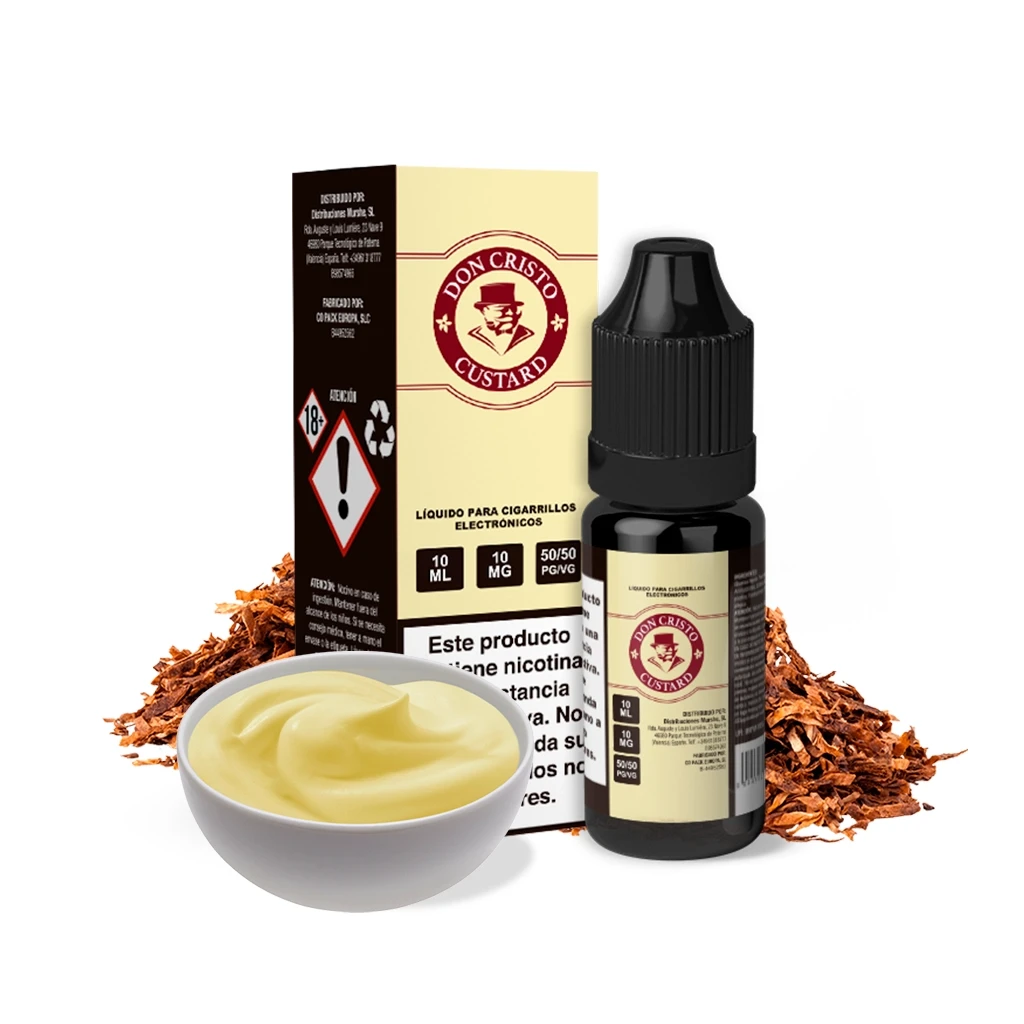 Frasco y caja de Don Cristo Custard con etiquetas crema y granate, acompañados de un cuenco de crema amarilla y tabaco picado.