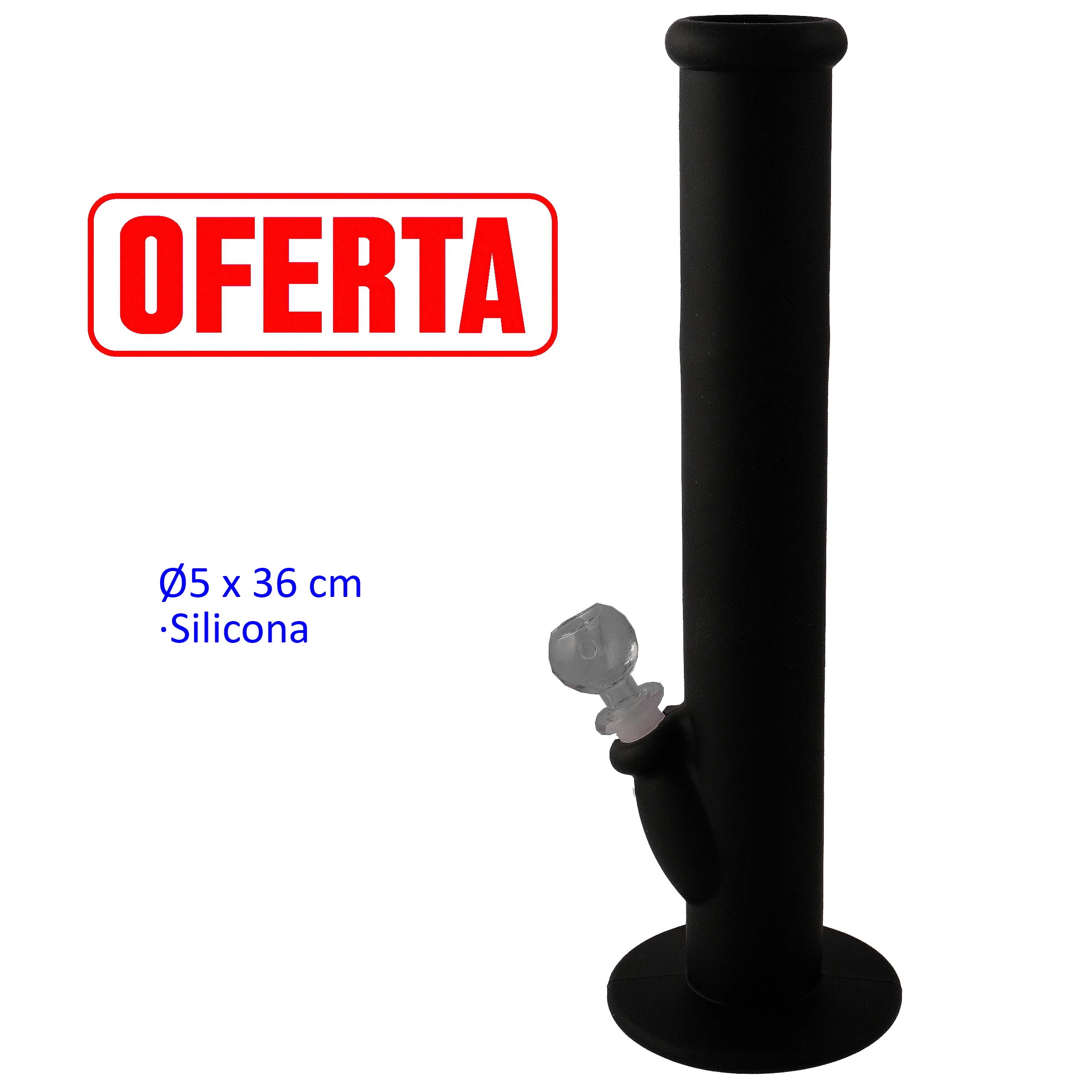 Bong negro de tubo recto y base circular, con pipeta transparente inclinada, sobre fondo blanco con el rótulo «OFERTA».