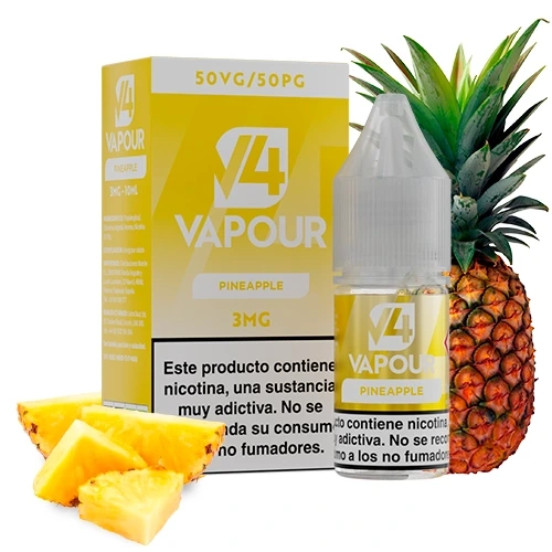 Frasco y caja amarilla de V4 Vapour Pineapple, con indicación de 3 mg y advertencia de nicotina, junto a una piña y trozos cortados.