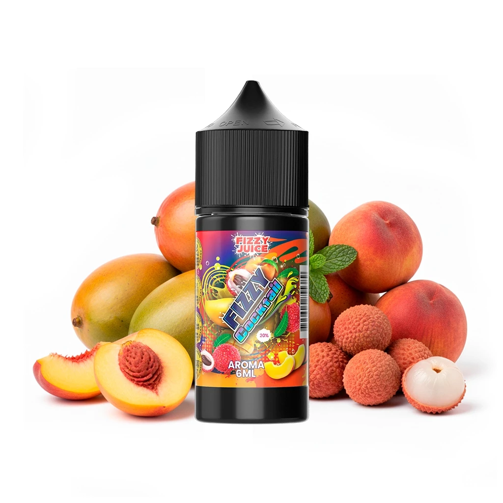 Frasco negro de Fizzy Juice Cocktail con etiqueta multicolor y texto «Aroma 6 ml», rodeado de mangos, melocotones y lichis.