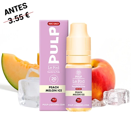 Frasco y caja rosa de Pulp Le Pod Peach Melon Ice, junto a un melocotón, una rodaja de melón y cubitos de hielo.