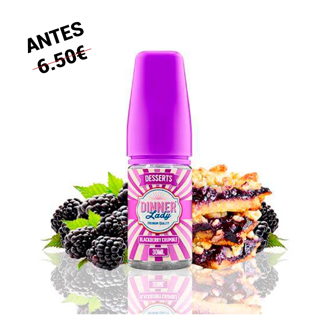 Frasco Dinner Lady Blackberry Crumble de 30 ml con tapón morado, junto a moras y porciones de postre con relleno oscuro.