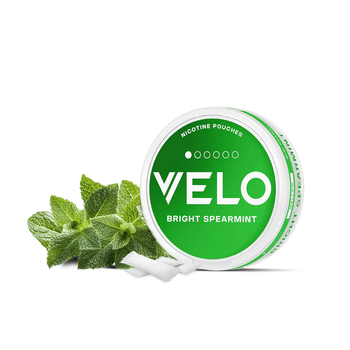 Caja redonda blanca y verde de VELO Bright Spearmint, junto a hojas de menta y pequeñas bolsas blancas sobre fondo negro. Caja redonda blanca y verde de VELO Bright Spearmint, junto a hojas de menta y pequeñas bolsas blancas sobre fondo negro.