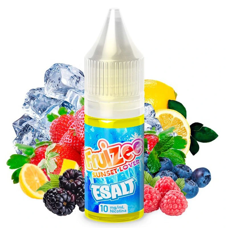 Frasco Fruizee Sunset Lover ESALT de 10 mg/ml, rodeado de frutos rojos, limón, hojas verdes y cubitos de hielo sobre fondo blanco.