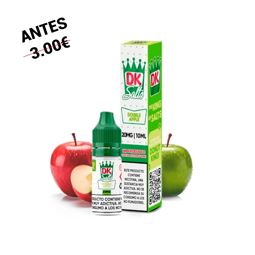 Frasco de tapón verde y caja de Donut King Salts Double Apple, con indicaciones de 20 mg y 10 ml, junto a manzanas roja y verde.