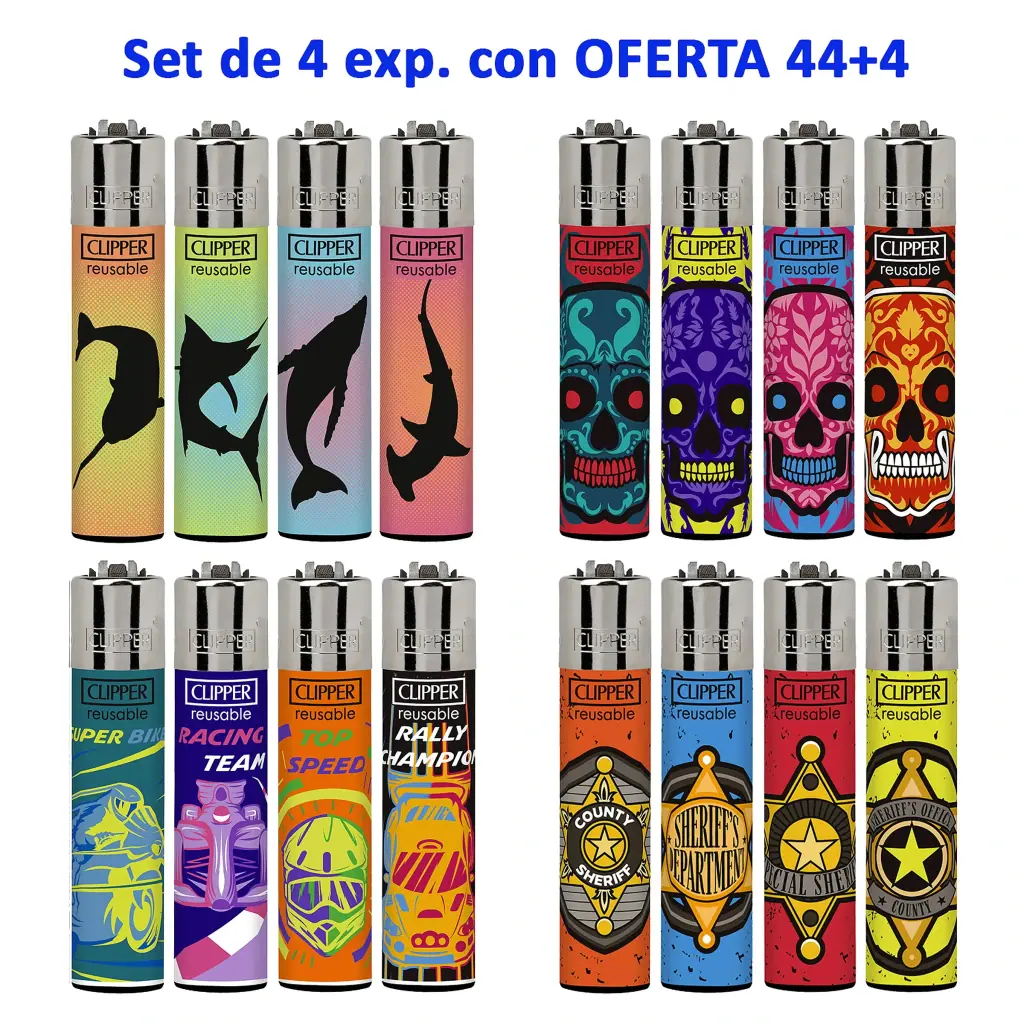 Selección de encendedores Clipper con diseños de animales marinos, calaveras, carreras y placas de sheriff, agrupados en cuatro series.