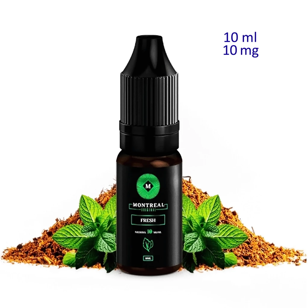 Frasco de Montreal Original Fresh con tapón negro, rodeado de hojas verdes y tabaco picado; arriba se lee «10 ml» y «10 mg».