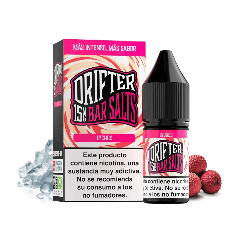 Frasco y caja de Drifter Bar Salts Lychee con etiquetas rosas, indicación de 15 mg y advertencia sobre nicotina, junto a lichis y hielo.