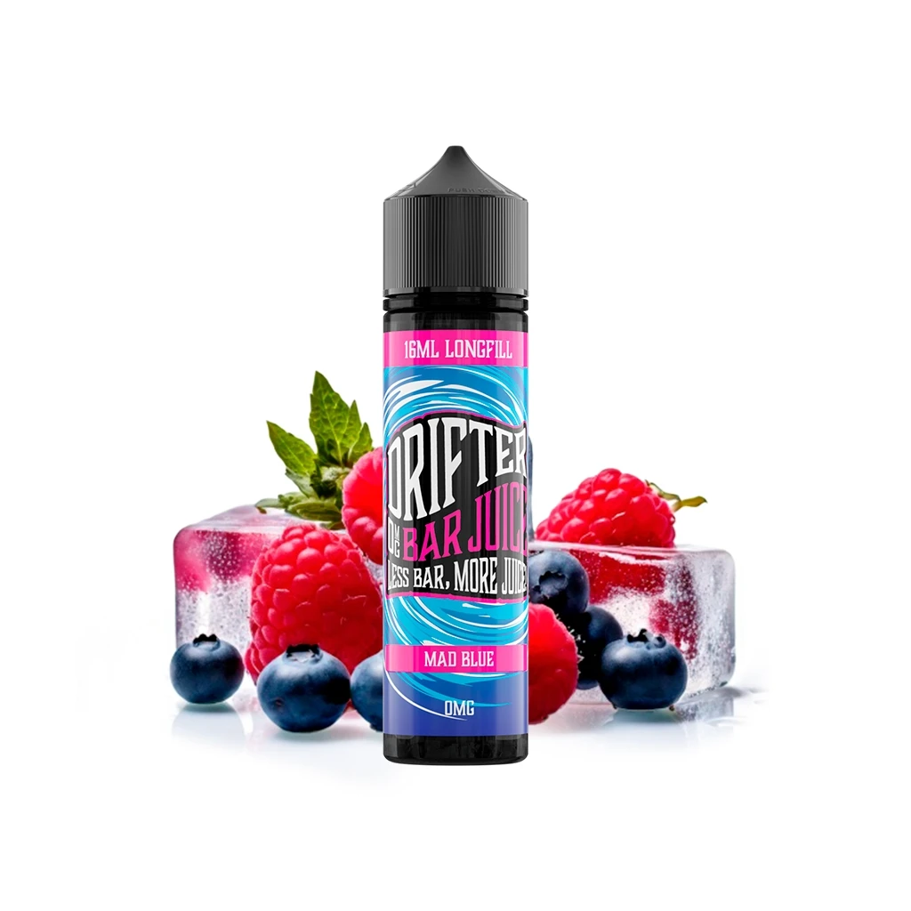 Bote Drifter Bar Mad Blue Longfill con tapón negro y etiqueta azul y rosa, rodeado de frambuesas, arándanos y cubitos de hielo.