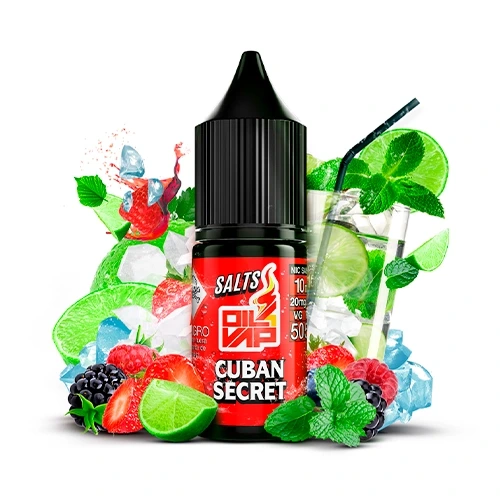 Bote Oil4Vap Salts Cuban Secret con etiqueta roja y tapón negro, acompañado de limas, frutos rojos, hojas de menta, hielo y un vaso con pajita.