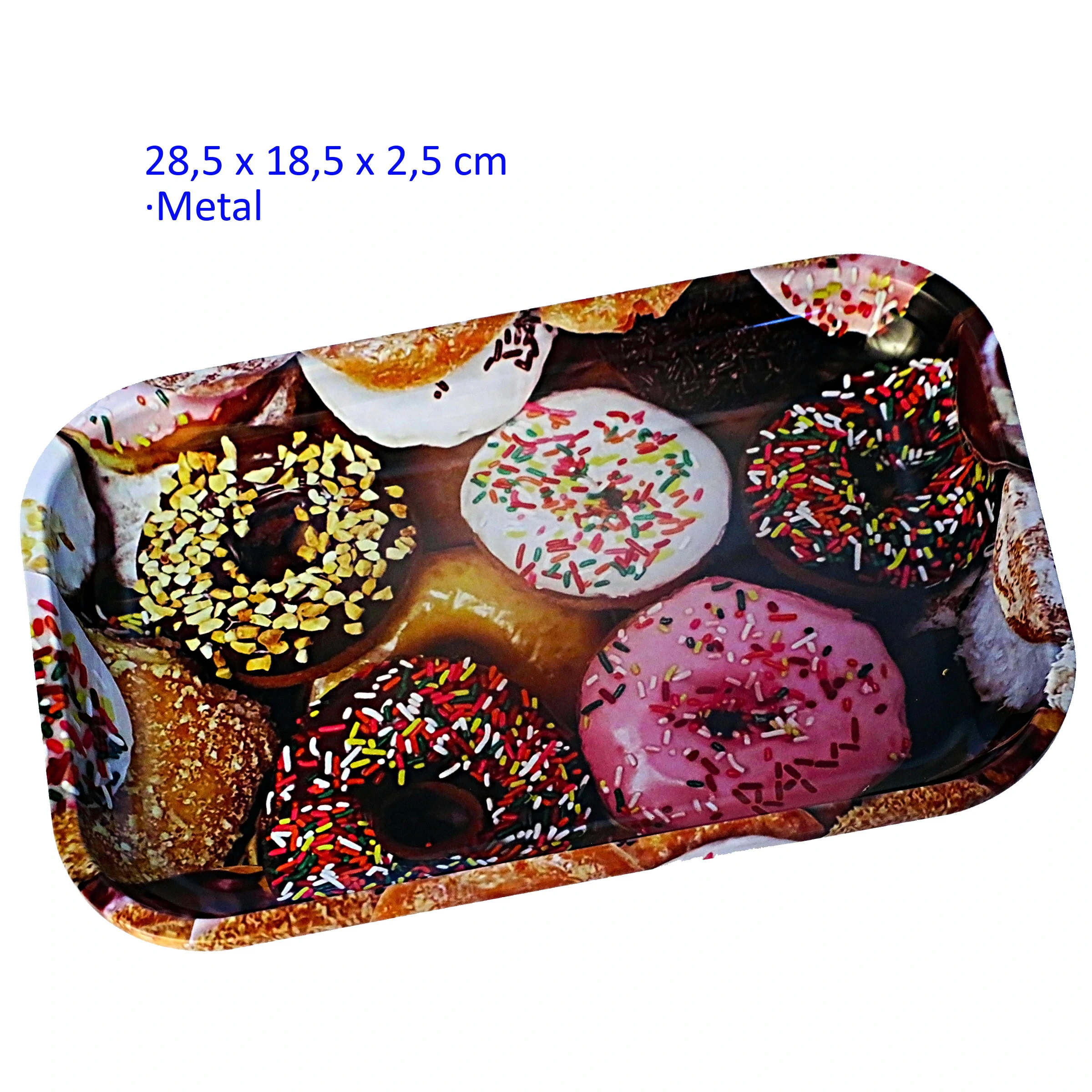 Bandeja para liar de 28,5 × 18,5 cm, vista en diagonal, con bordes elevados y estampado de rosquillas con glaseados y virutas de colores.