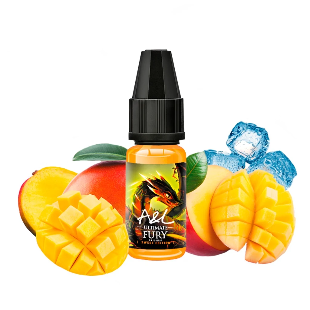 Frasco de A&L Ultimate Sweet Edition Fury con tapón negro y un dragón en la etiqueta, rodeado de mangos cortados y cubitos de hielo.