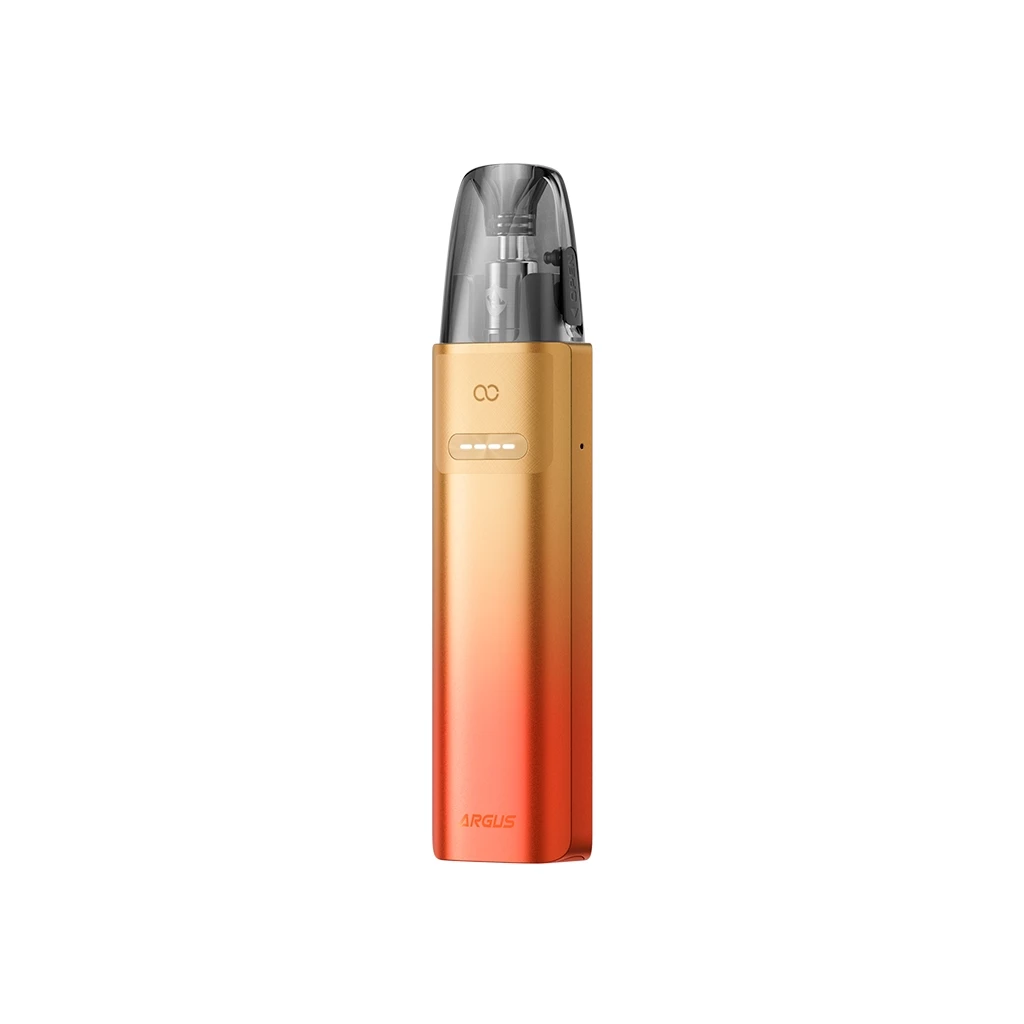 Voopoo Argus G4 Mini Pod Kit en vertical, con cuerpo degradado de dorado a naranja rojizo y boquilla oscura translúcida sobre fondo blanco.