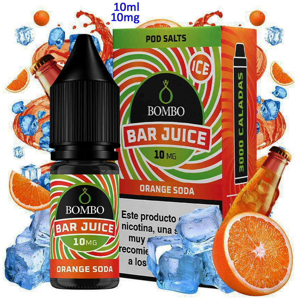 Frasco y caja de Bombo Bar Juice Orange Soda Ice, con textos de 10 ml y 10 mg, rodeados de naranjas, cubitos de hielo y botellas de refresco.