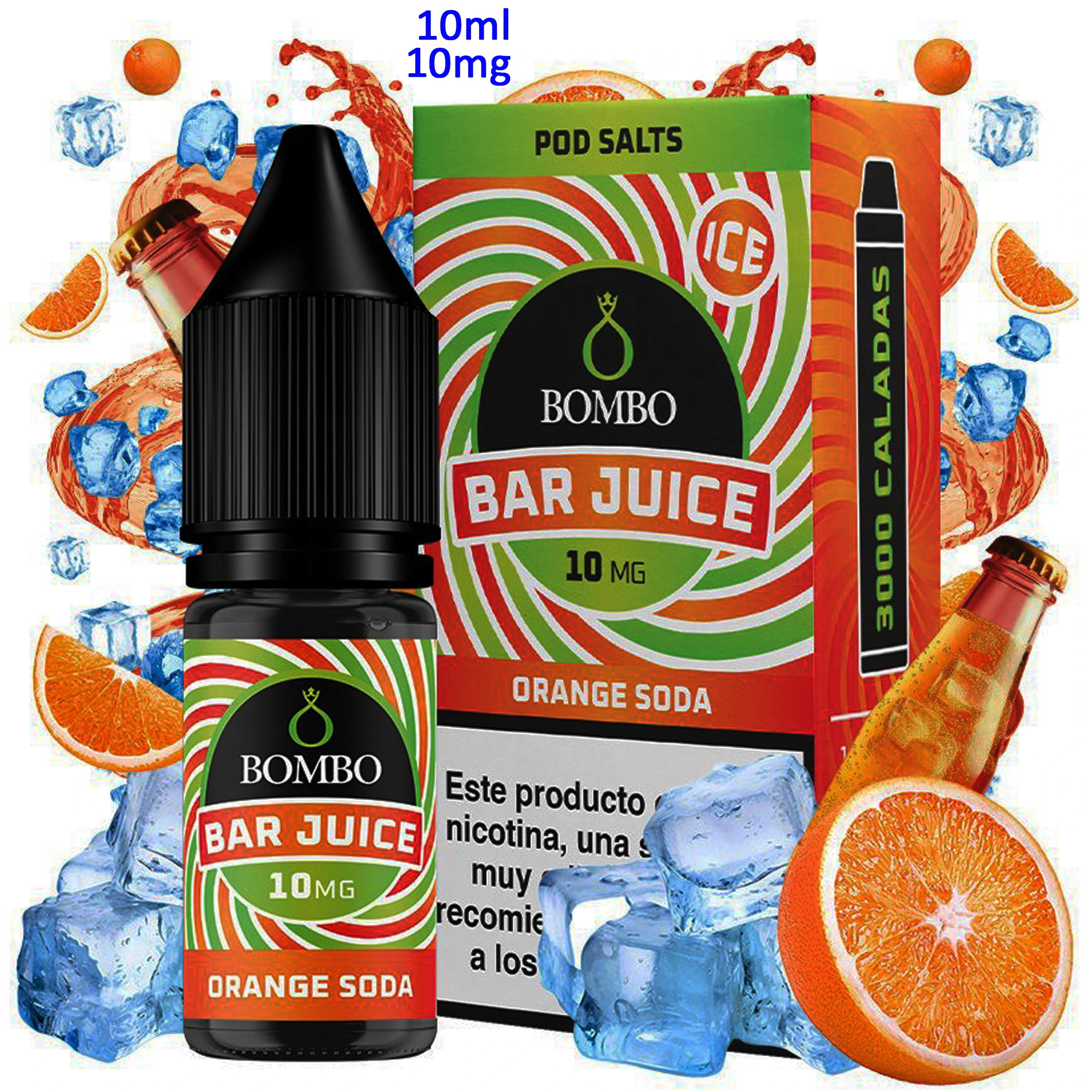 Frasco y caja de Bombo Bar Juice Orange Soda Ice, con textos de 10 ml y 10 mg, rodeados de naranjas, cubitos de hielo y botellas de refresco.