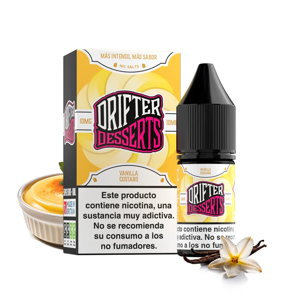Frasco y caja amarilla de Drifter Desserts Salts Vanilla Custard, con advertencia de nicotina, un postre y una flor de vainilla.