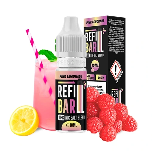 Frasco y caja de Refill Bar Salts Pink Lemonade 10 ml, junto a una bebida rosa con pajita, medio limón y frambuesas.