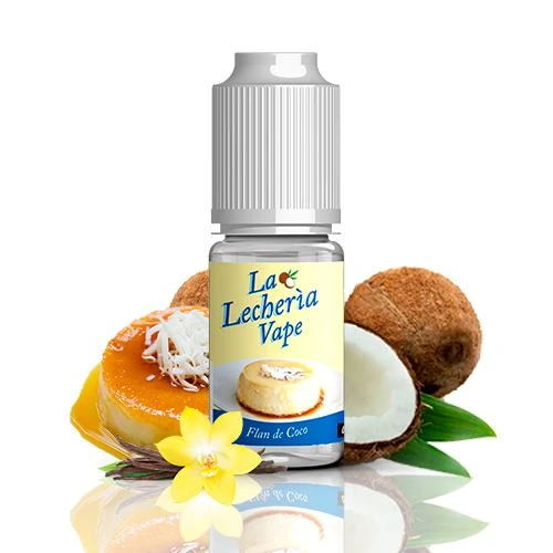 Frasco de Aroma Flan de Coco La Lechería Vape con tapón blanco, rodeado de flan, coco abierto y una flor amarilla.