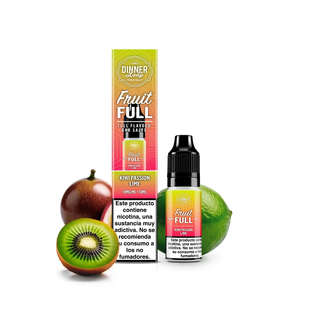 Frasco y caja de Dinner Lady Fruit Full Kiwi Passion Lime, con advertencias de nicotina, junto a kiwi cortado, maracuyá y lima.
