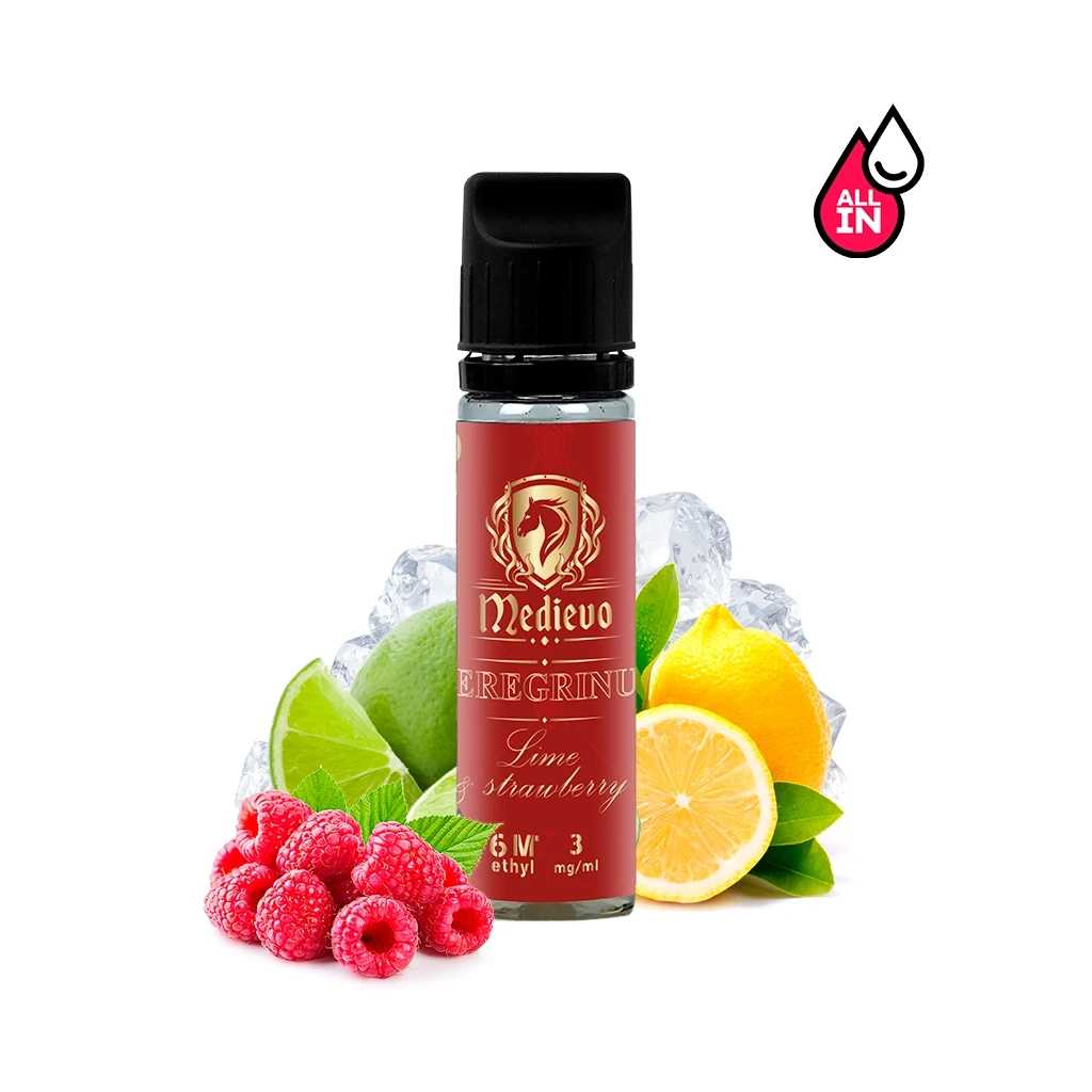 Frasco de líquido Medievo Peregrinus con etiqueta roja y tapón negro, rodeado de cítricos, frambuesas y hielo, junto al símbolo All In.