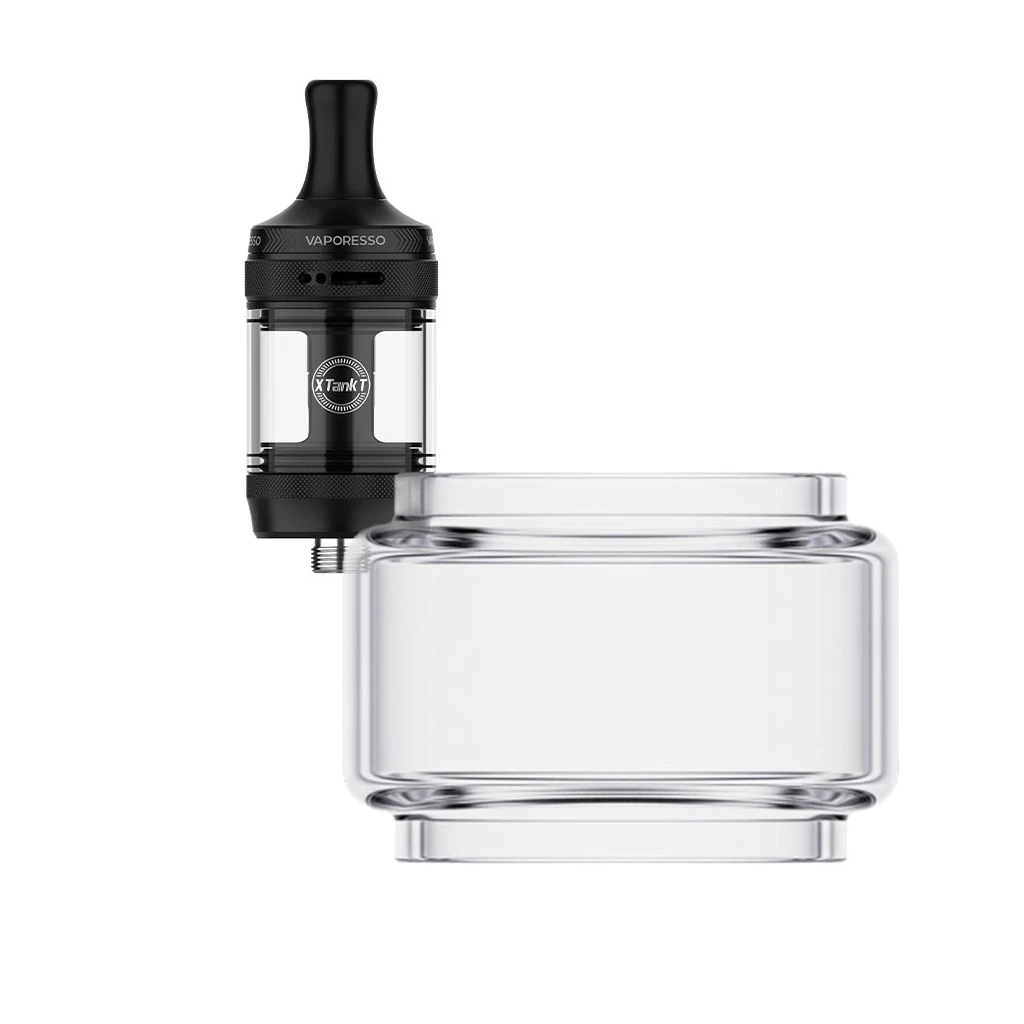 Cristal transparente abombado Vaporesso xTank T Glass en primer plano, con un atomizador negro al fondo sobre blanco. Cristal transparente abombado Vaporesso xTank T Glass en primer plano, con un atomizador negro al fondo sobre blanco.