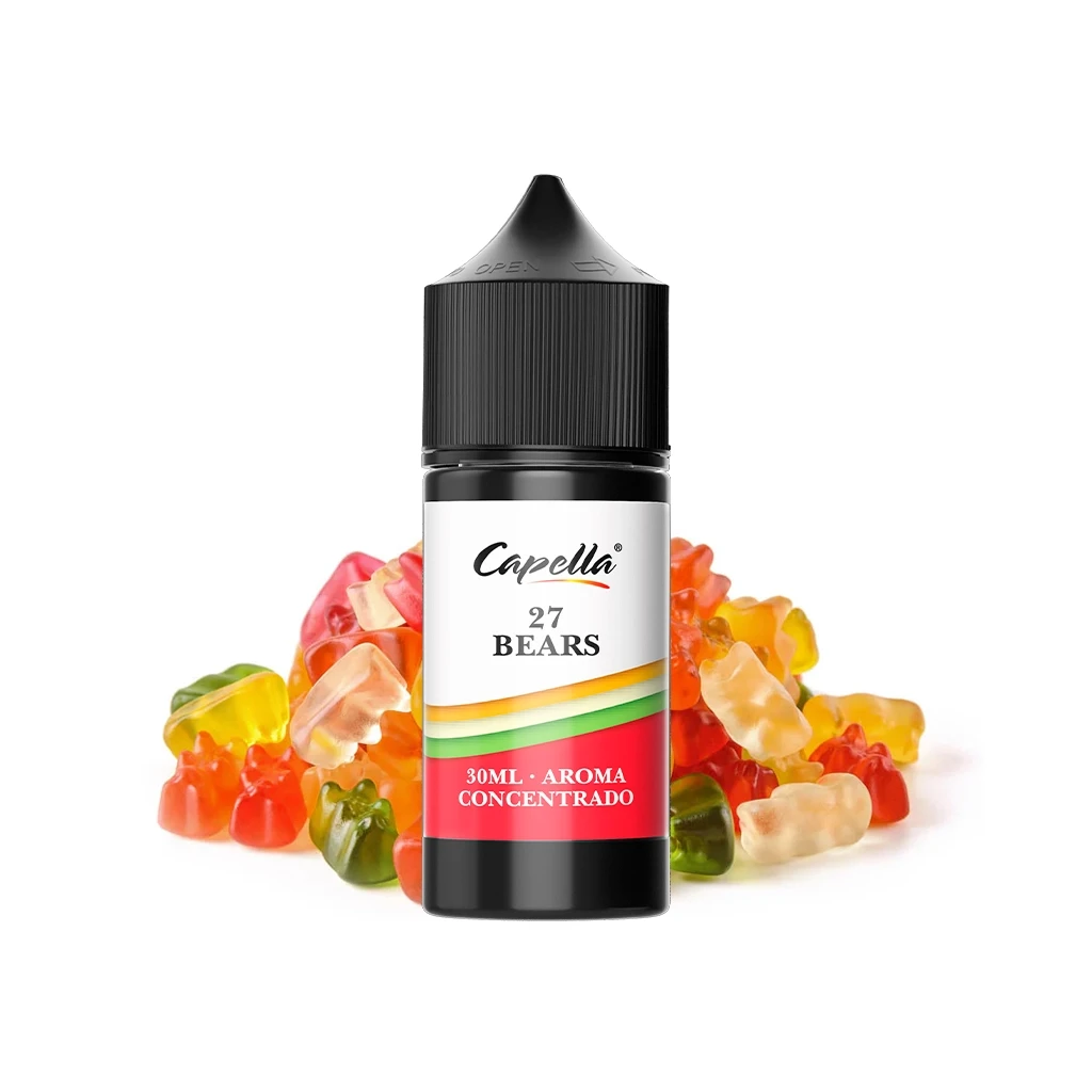 Frasco negro de aroma Capella 27 Bears con etiqueta de 30 ml y tapón estriado, rodeado de ositos de gominola de varios colores.
