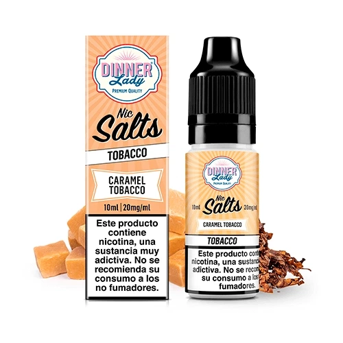 Frasco y caja Dinner Lady Caramel Tobacco Nic Salts, con etiqueta de 20 mg/ml, junto a caramelos y hojas de tabaco.