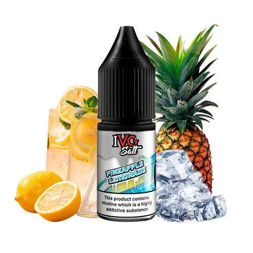 Frasco IVG Salts Pineapple Lemonade con tapón negro, rodeado de piña, limones, un vaso con rodajas de limón y cubitos de hielo.