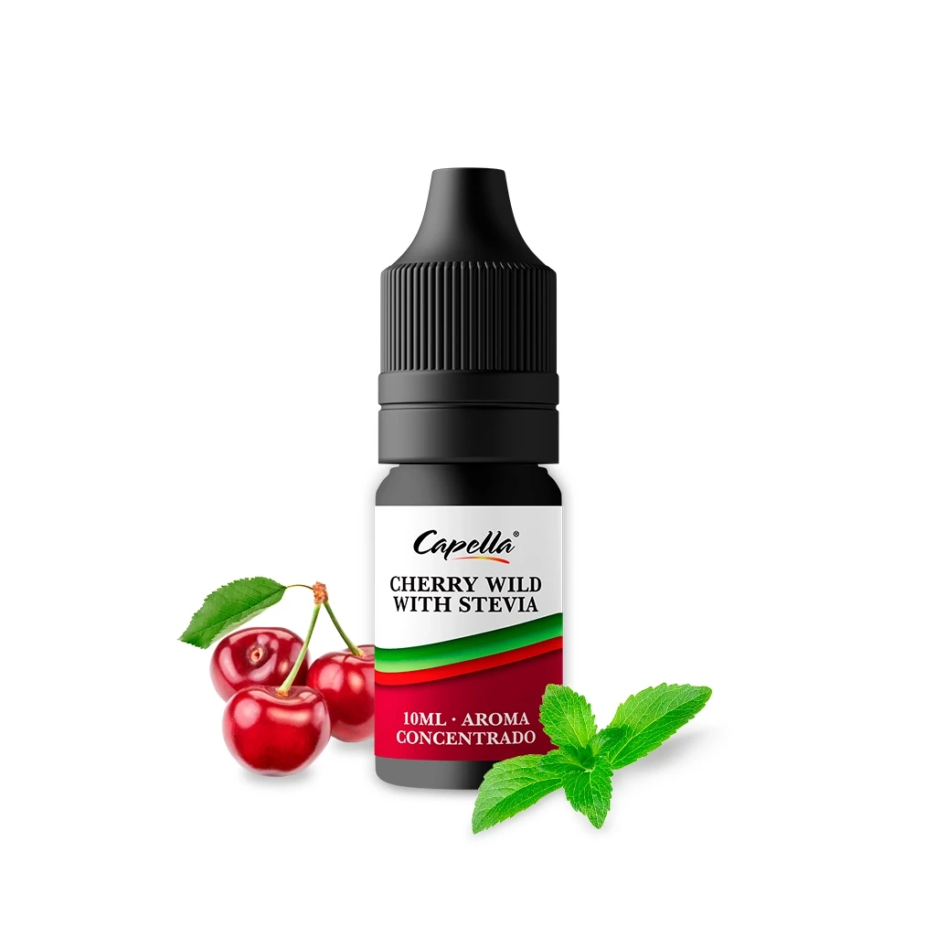Frasco de aroma Capella Cherry Wild with Stevia con tapón negro y etiqueta blanca y roja, acompañado de cerezas y hojas verdes.