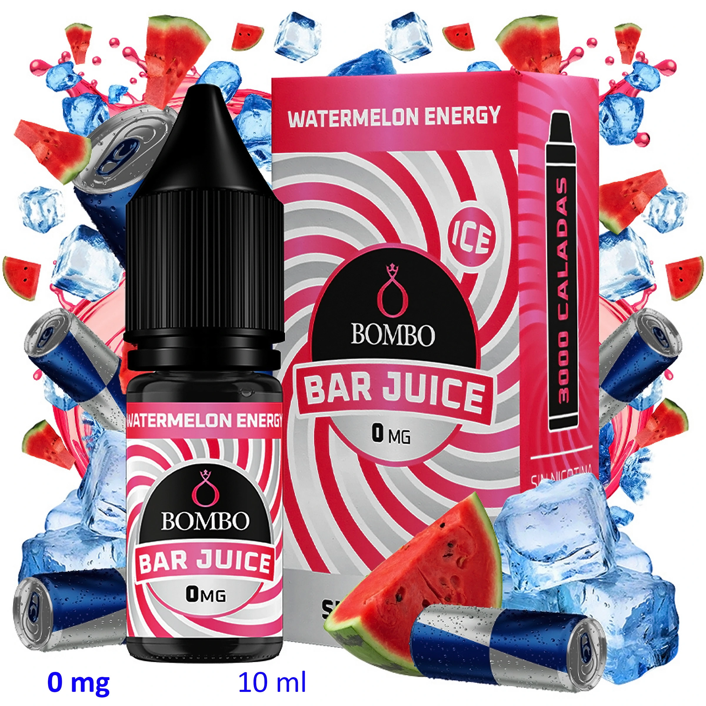 Frasco y caja Bombo Bar Juice Watermelon Energy Ice de 10 ml y 0 mg, rodeados de sandía, cubitos de hielo y latas azules.