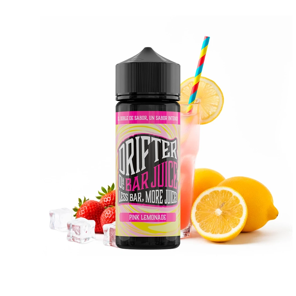 Frasco Drifter Bar Juice Pink Lemonade con tapón negro, junto a un vaso de bebida rosada, limones, fresas y cubitos de hielo.