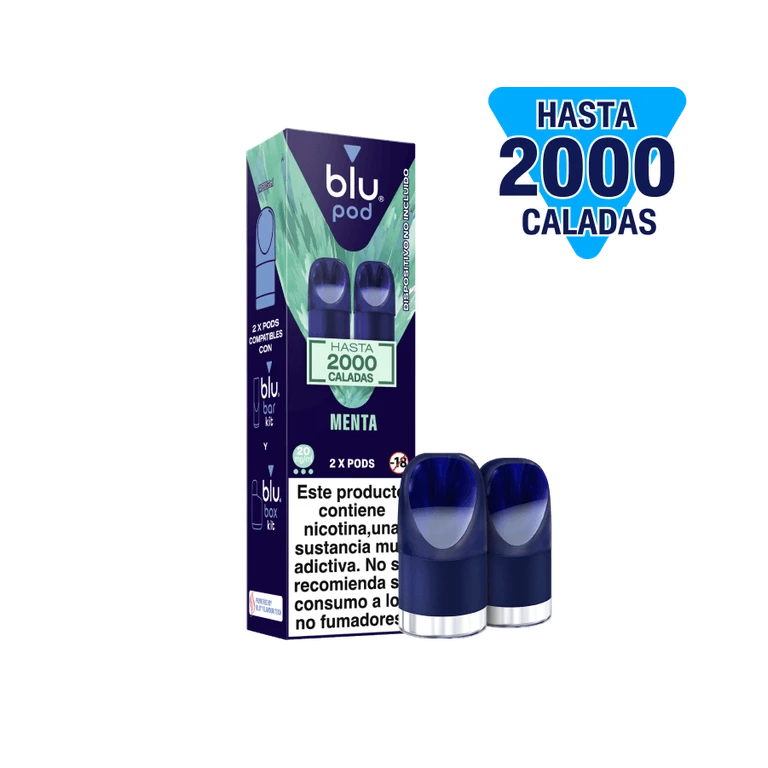 Caja de pods Blu de menta junto a dos cartuchos azules con base plateada, sobre fondo negro y con advertencia de nicotina visible.