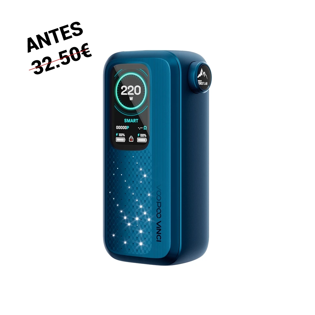 Mod Voopoo Vinci Spark 220 azul en vista de tres cuartos, con pantalla que muestra 220 W, botón lateral y puntos brillantes en el frontal.