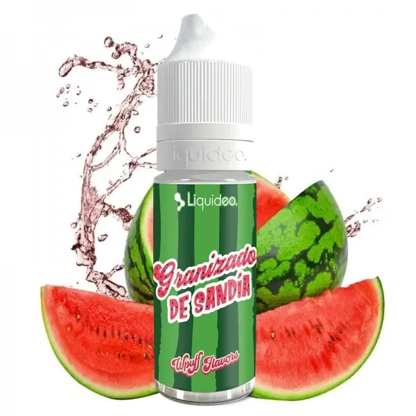 Frasco de Granizado de Sandía Liquideo Wpuff Flavors con tapón blanco y etiqueta verde, rodeado de sandía cortada y una salpicadura.
