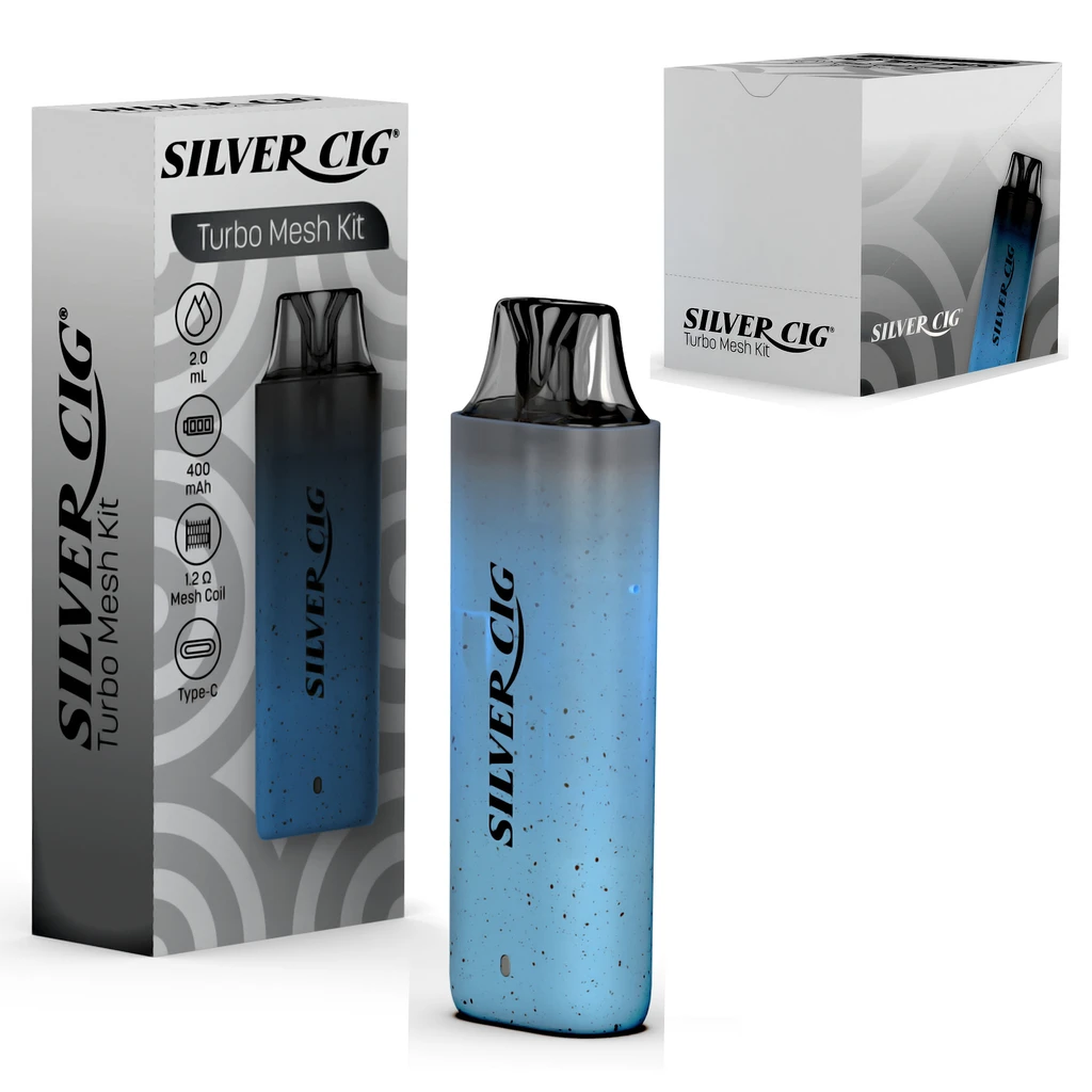 Pod Silver Cig Turbo Mesh azul con boquilla negra junto a su caja; el embalaje indica 2 ml, 400 mAh, resistencia de 1,2 Ω y conexión Type-C.