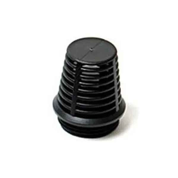 Cono de desagüe para macetas negro, con cuerpo estriado, extremo superior plano y base circular ancha, sobre fondo blanco. Cono de desagüe para macetas negro, con cuerpo estriado, extremo superior plano y base circular ancha, sobre fondo blanco.