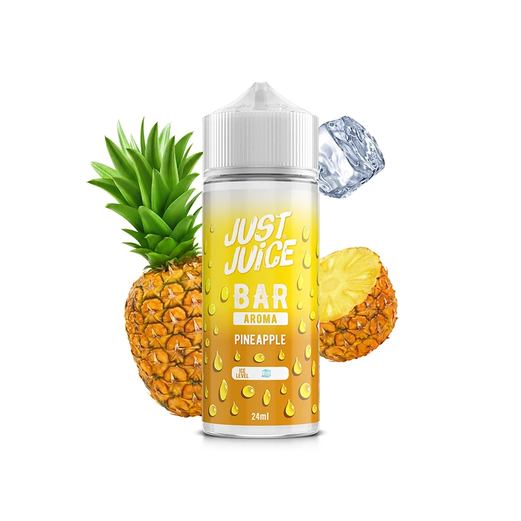 Frasco Just Juice Bar Pineapple de 24 ml con etiqueta amarilla y tapón blanco, acompañado de piña entera, piña cortada y un cubito de hielo.