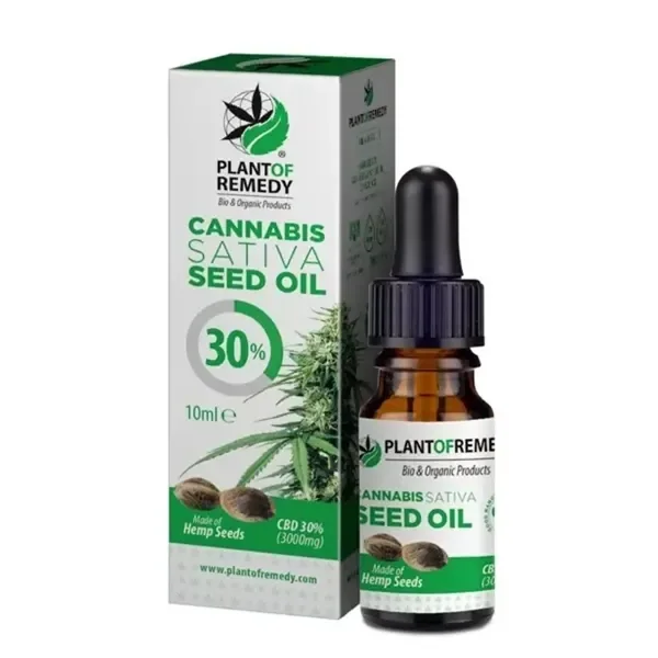 Frasco ámbar con cuentagotas negro junto a su caja Plant of Remedy, con motivos de cáñamo e indicaciones de CBD 30 %, 3000 mg y 10 ml.