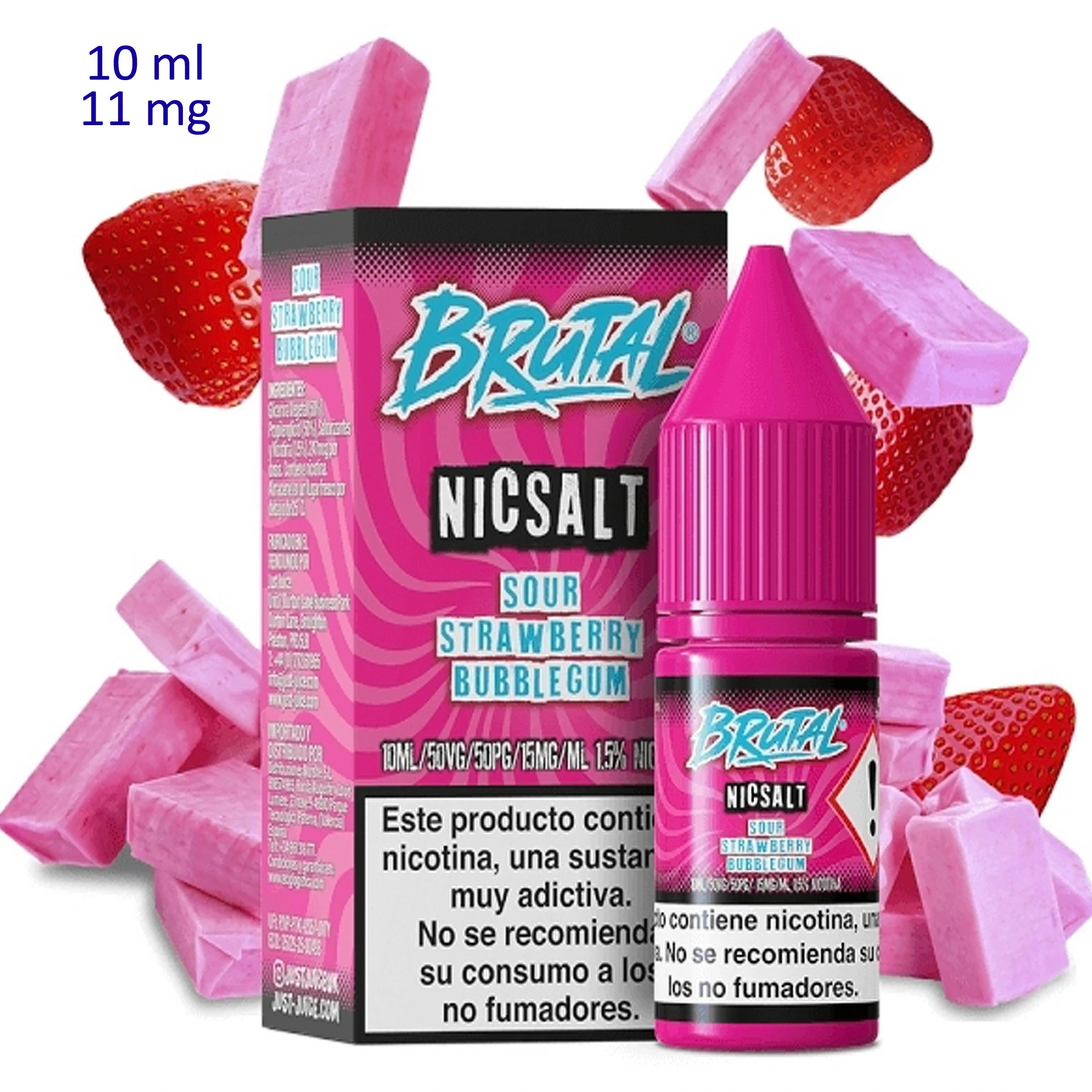 Frasco y caja rosas de Brutal Salt Sour Strawberry Bubblegum, rodeados de fresas y trozos de chicle rosa sobre fondo blanco.