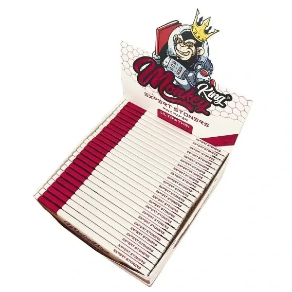 Expositor abierto de papel Monkey King Size Slim con librillos blancos y granates y un mono coronado en la cabecera.