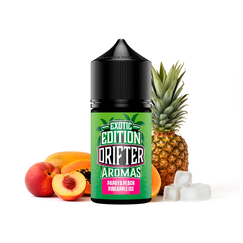 Frasco Drifter Exotic Papaya Peach Pineapple Ice con tapón negro y etiqueta verde, rodeado de frutas y cubitos de hielo.