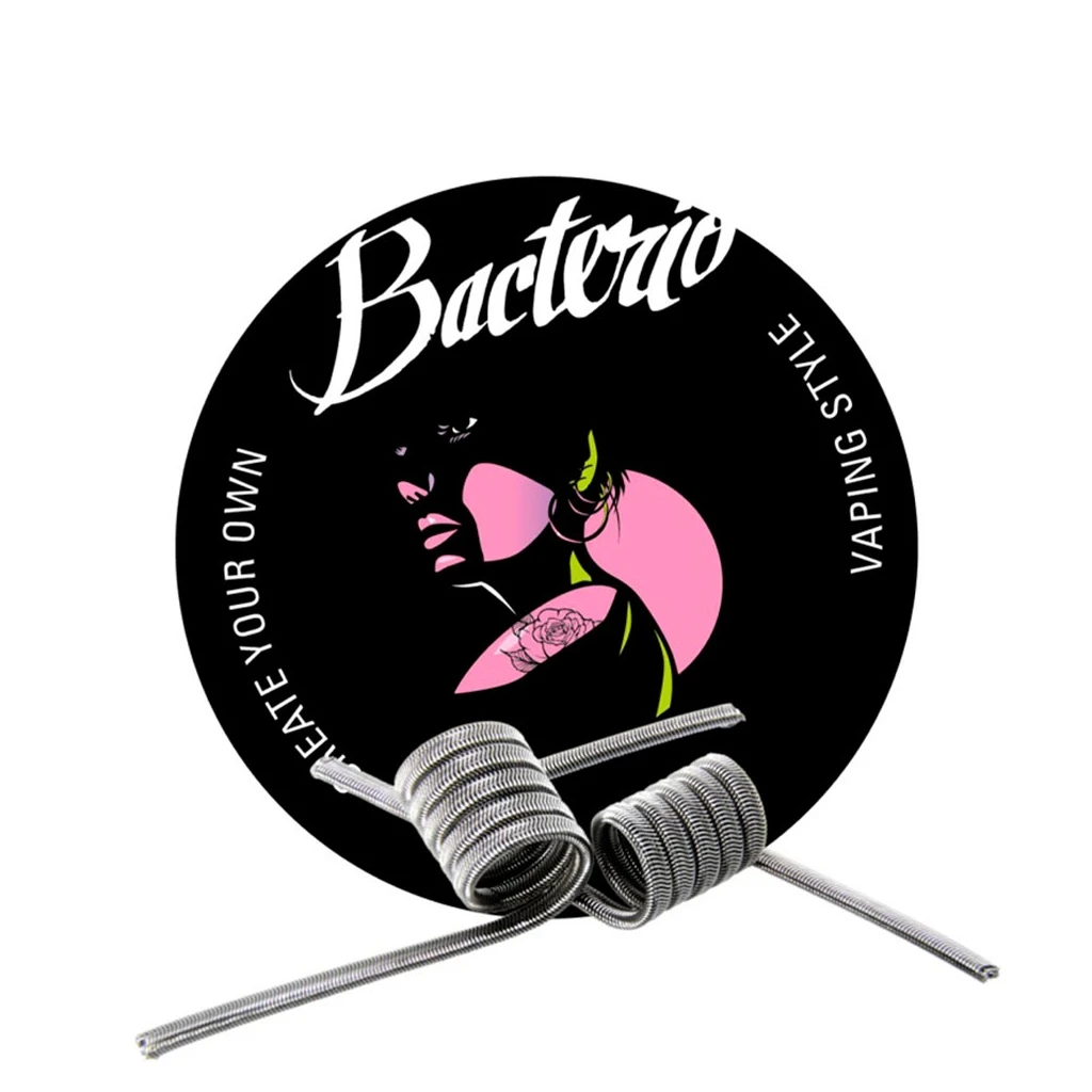 Resistencias Bacterio Coils Silk MTL con hilo enrollado y extremos largos, ante un logotipo circular negro con ilustración rosa.