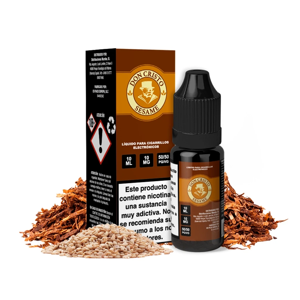 Frasco de e-líquido Don Cristo Sesame junto a su caja, con indicaciones de 10 ml y 10 mg, semillas de sésamo y hojas de tabaco alrededor.