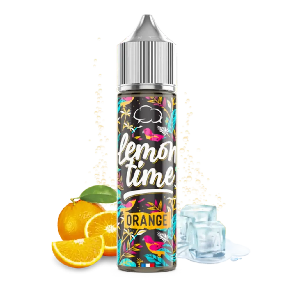 Frasco Lemon Time Orange con tapón plateado y etiqueta multicolor, acompañado de naranja, cubitos de hielo y burbujas sobre fondo negro.