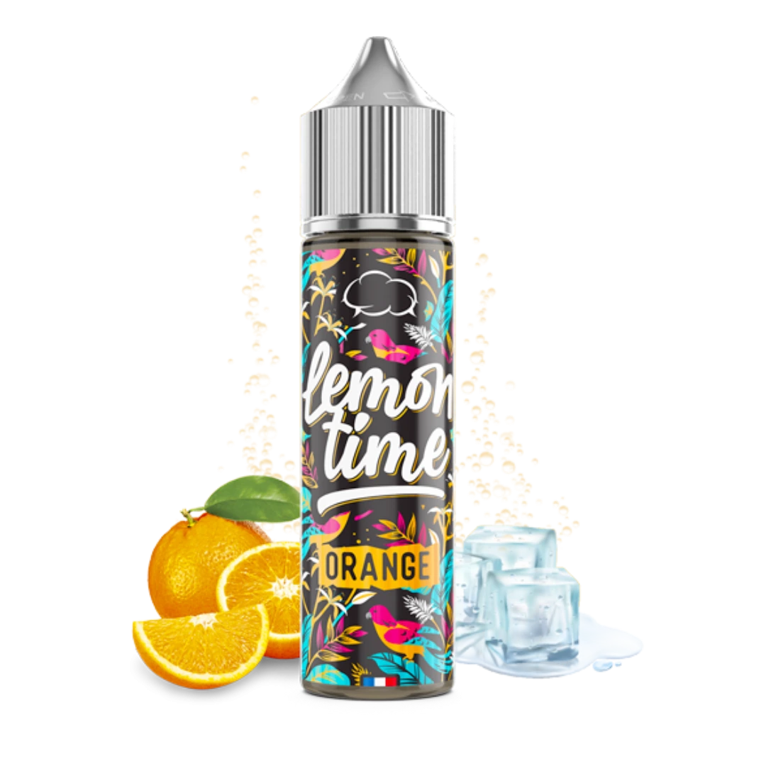 Frasco Lemon Time Orange con tapón plateado y etiqueta multicolor, acompañado de naranja, cubitos de hielo y burbujas sobre fondo negro.