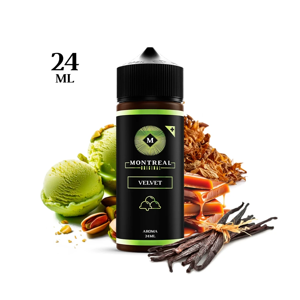 Frasco Montreal Original Velvet de 24 ml con etiqueta negra y verde, rodeado de helado verde, pistachos, caramelo, tabaco y vainas de vainilla.