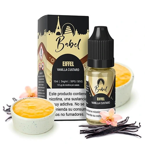 Frasco Babel Eiffel Vanilla Custard con su caja negra y dorada, acompañado de cuencos de crema, vainas y flores de vainilla.
