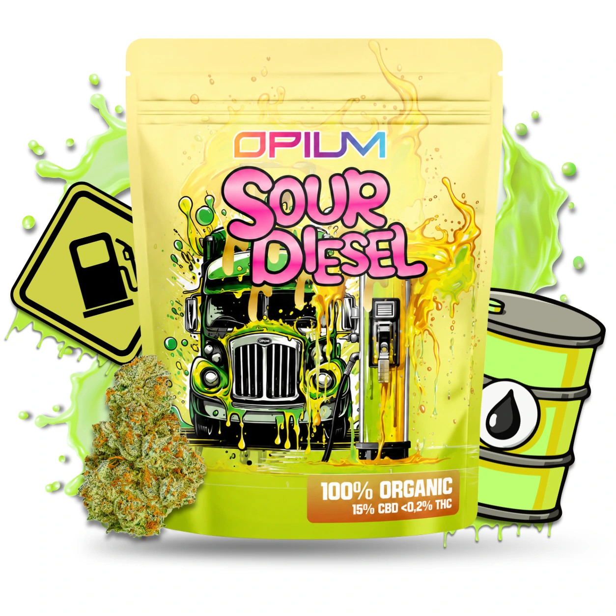 Bolsa amarilla y verde Opium Sour Diesel junto a un cogollo, con ilustraciones de un camión, un surtidor y un barril de combustible.