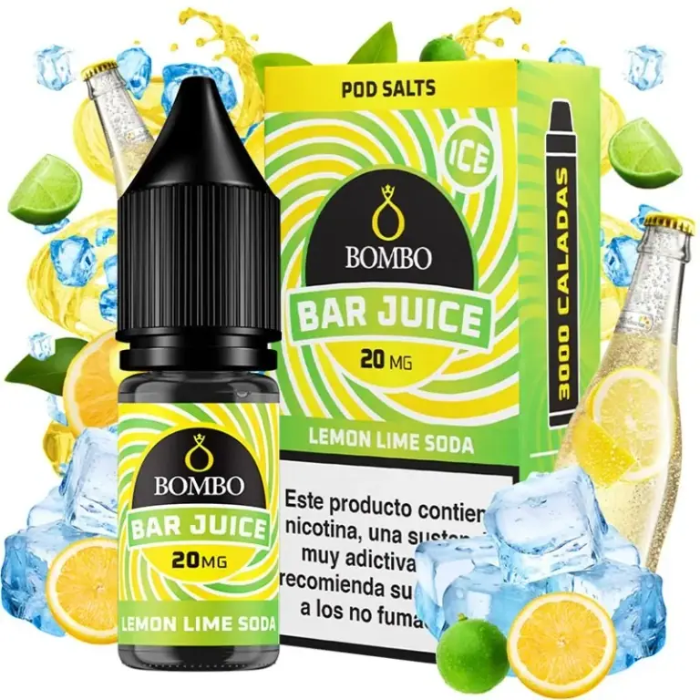 Frasco y caja de Bombo Bar Juice Lemon Lime Soda Ice de 20 mg, rodeados de limones, limas, cubitos de hielo y botellas de refresco.