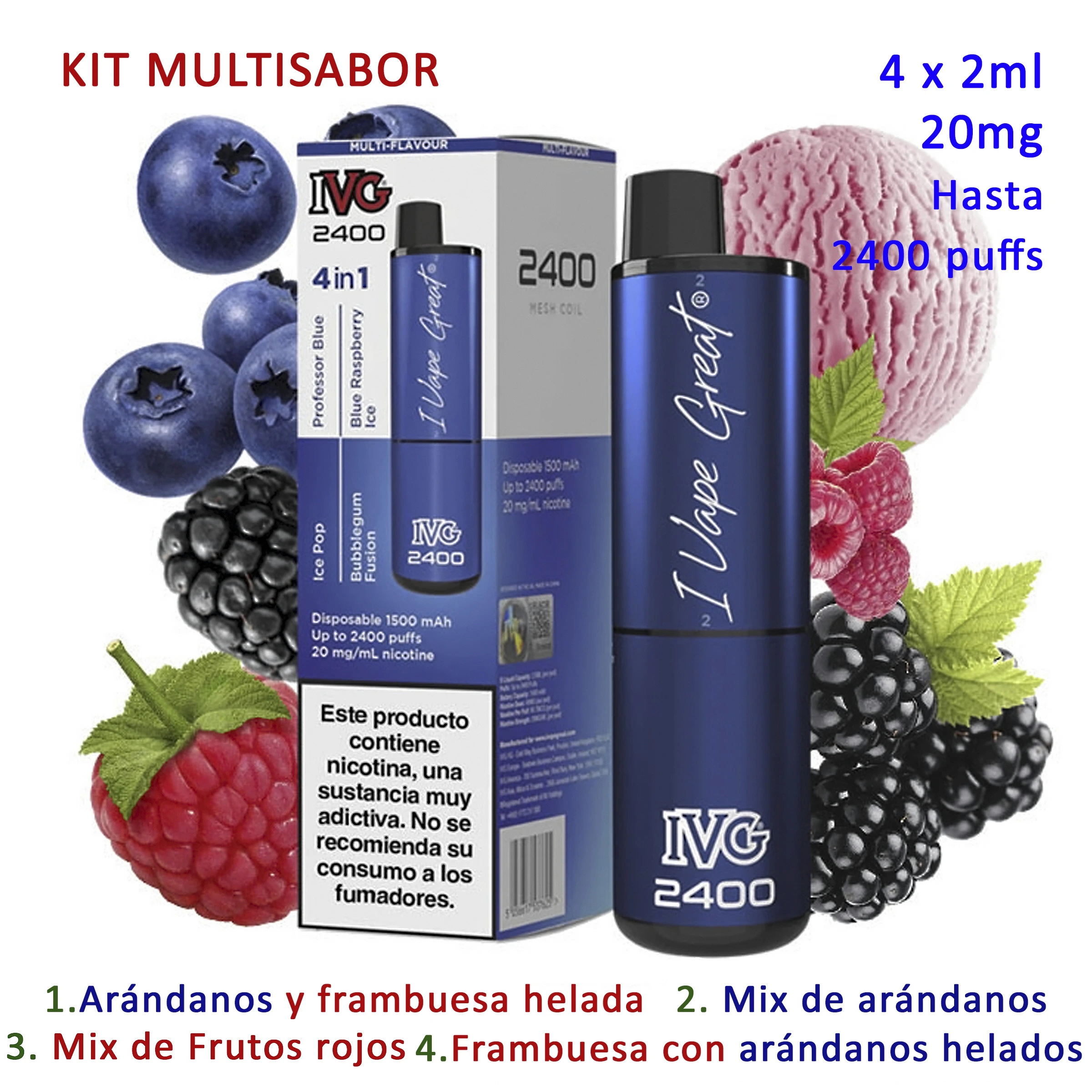 Vaper azul IVG 2400 y su caja, con arándanos, frambuesas, moras y helado; el diseño anuncia cuatro sabores y 20 mg/ml.